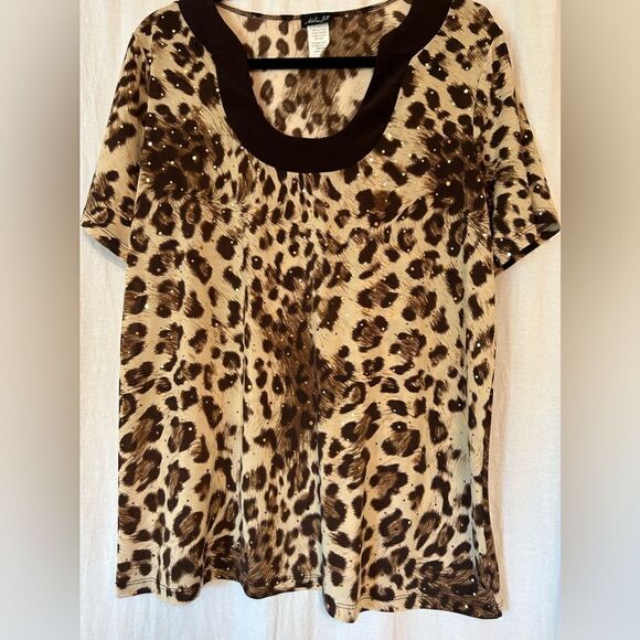 1X Ashley Jill top giraffe print brown trimmed short sleeve silky feeling gold - Picture 1 of 4